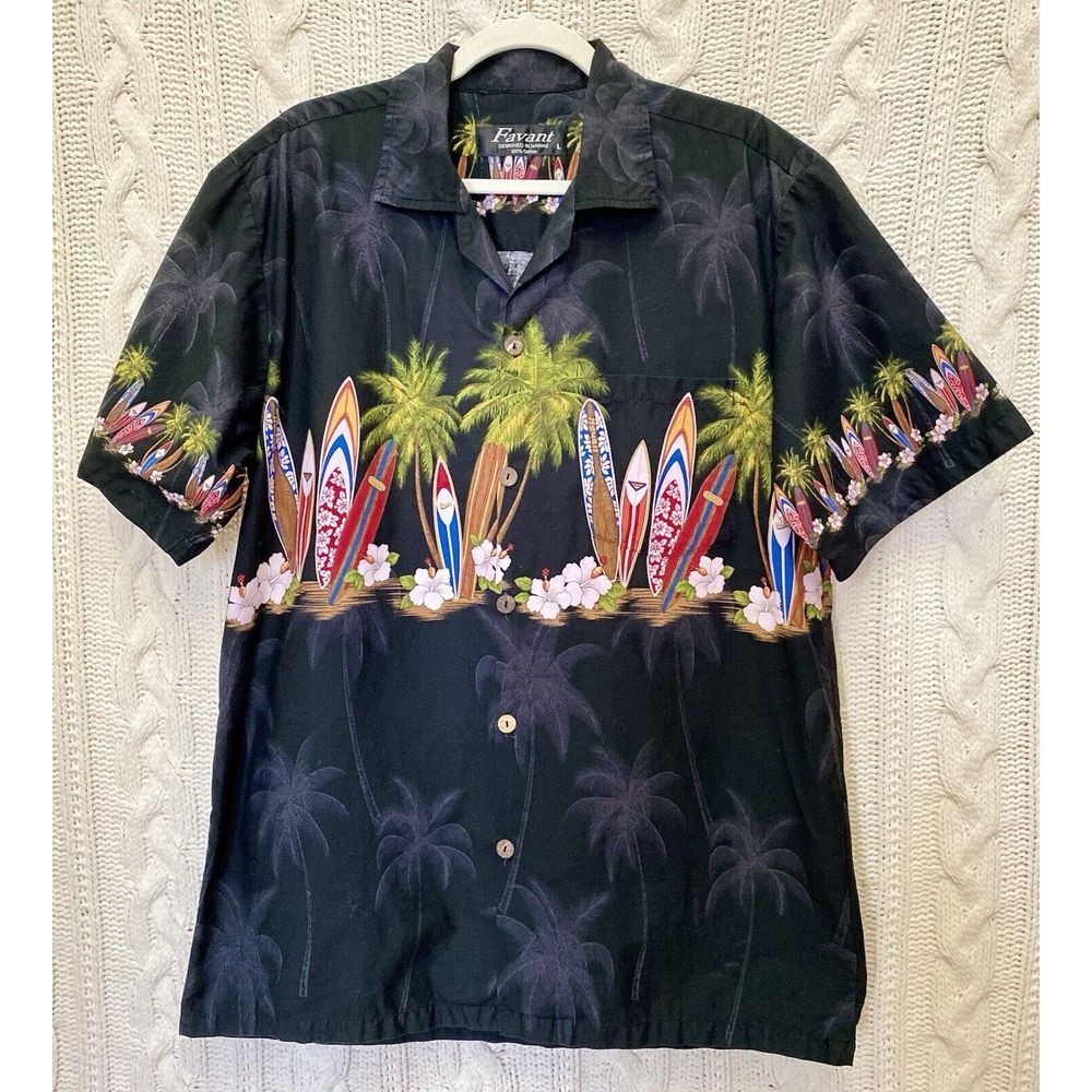 Favant Men's L Hawaiian Shirt Black Aloha Camp‎ Surf Palm Tree USA 100% Cotton